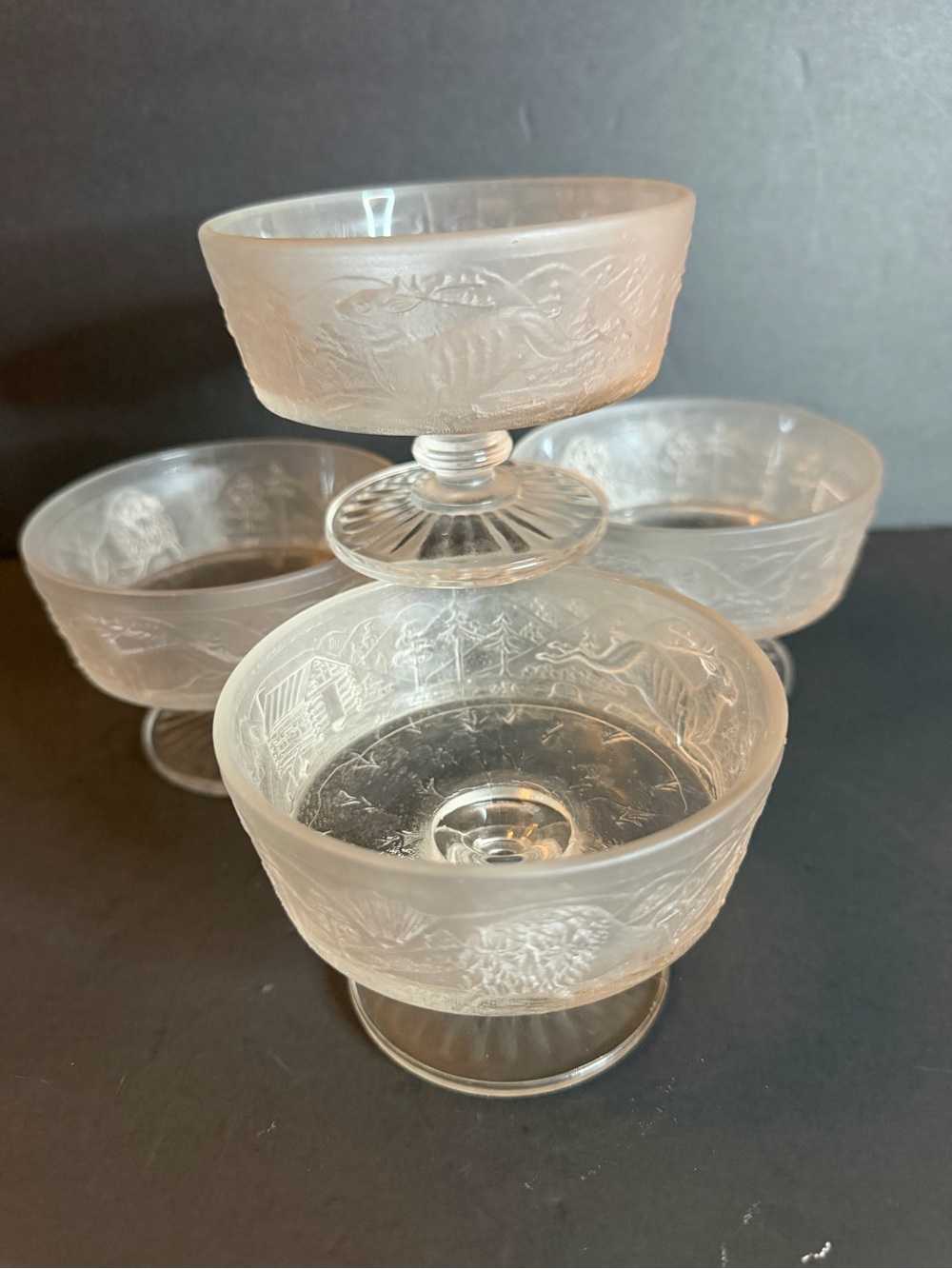 Set 4 Westward Ho Footed Compote Dessert Sauce Dish frosted glass Deer Buffalo